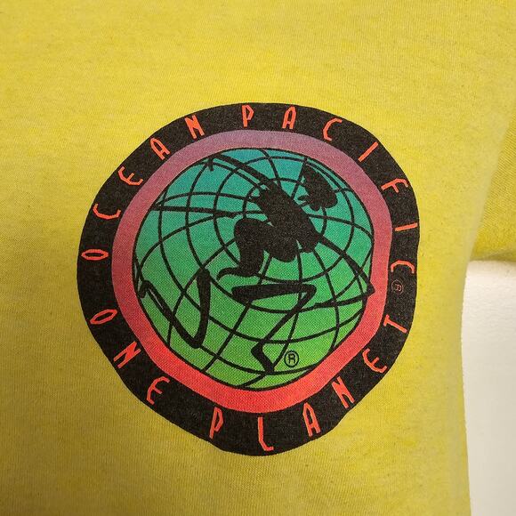 OP Vintage Retro 90's Yellow Ocean Pacific One Planet Graphic T-Shirt Size M - Picture 2 of 9